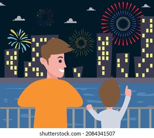 Father and Child watch fireworks at night