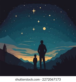 Father and child watching the stars on a clear night. Concept for Happy father's day poster or card template design. Flat vector illustration