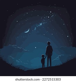 Father and child watching the stars on a clear night. Concept for Happy father's day poster or card template design. Flat vector illustration