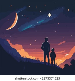 Father and child watching the stars on a clear night. Concept for Happy father's day poster or card template design. Flat vector illustration