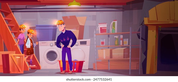 Father and children in basement room with tunnel cartoon. Cellar laundry and storage with rack furniture and box vector illustration. Mining cave entrance inside house storeroom fantasy game design