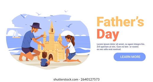 Father and children building sandcastle beach family holiday summer seascape birds sailboat playful scene website banner