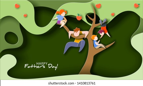 Father and children climbed tree for fun. Happy father's day card. Flat style. Vector illustration