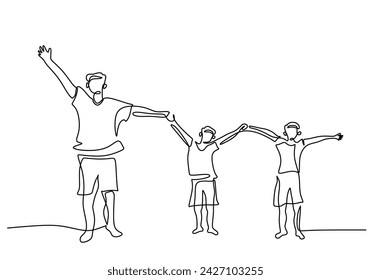 Father and children in continuous one line drawing. People standing and rising hands. Happy family concept.