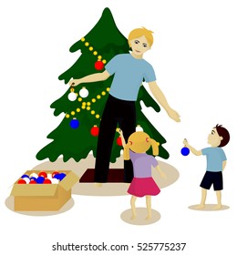 Father with children decorate Christmas tree