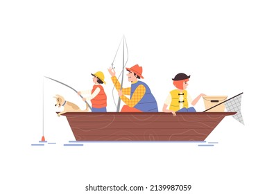 Father and children fishing in boat together, flat cartoon vector illustration isolated on white background. Family hobby and joint leisure pastime concept.