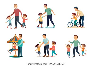 Father with children. A happy family.  Dad with son and daughter. The man spends time with the children. Father's Day themed vector set of characters.