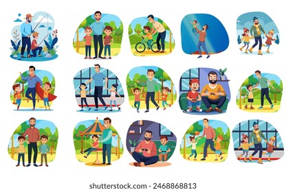 Father with children. A happy family. Dad with son and daughter. The man spends time with the children in the park. Father's Day themed vector set of characters.