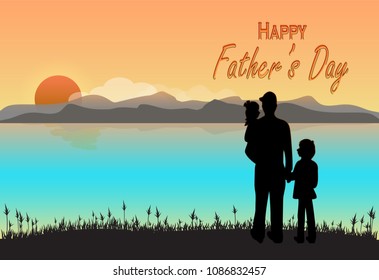 Father and children with Happy Father's day text on sunset or sunrise background