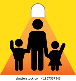 Father and children hold hands together to walk to the door of happiness, Vector, icon