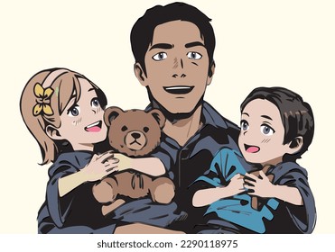 father and children illustration in anime style.