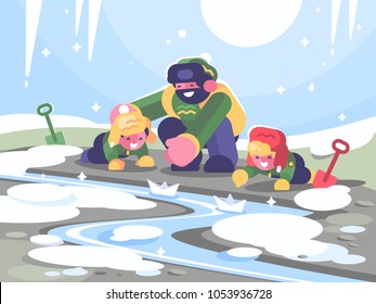 Father with children launches paper boats. Kids games and entertainment. Vector illustration