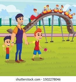Father with Children Look at Carousel in Park. Children Ride on Roller Coaster. Roller Coaster Cartoon Flat. Wonderland and Amusement Park for Children. Flat Cartoon Vector Illustration
