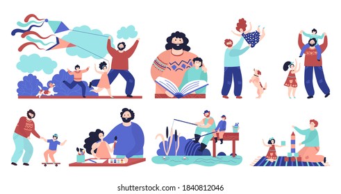 Father with children. Man play child, dad and son fishing reading hugging and sporting. Happy fatherhood, outdoor kid recreation vector set