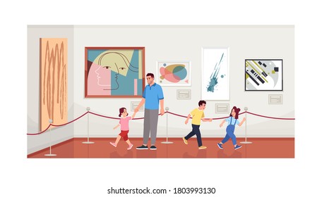 Father with children in modern art gallery semi flat vector illustration. Contemporary paintings collection. Kids watching and playing in art museum 2D cartoon characters for commercial use