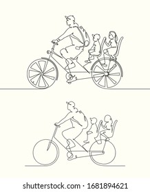 Father with children on bicycle. Continuous line. Family riding bike