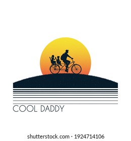 Father with children on bicycle. Family riding bike. Retro background