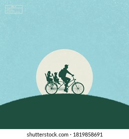 Father with children on bicycle in park. Isolated silhouette of family riding bike on hill. White sun on blue texture background. Abstract vector illustration for use in polygraphy, textile, design