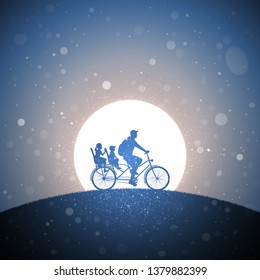 Father with children on bicycle at sunset. Vector conceptual illustration with silhouette of family riding bike on hill in park. Pastel background with sun and flying fluff