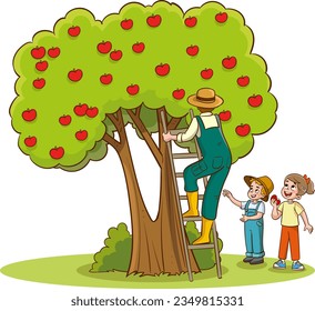 Father and children picking fruit from the tree.vector illustration