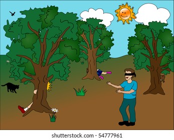 Father with children play hiding