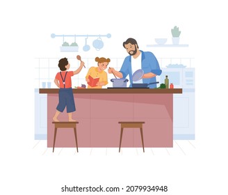 Father And Children Prepare Soup. Family Cooking Together, Men Cook Food At Kitchen, Eating Dinner, Home Meal, Eat At Culinary Table, Vector Illustration Isolated On White Background