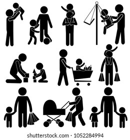 Father for Children in Real Every Day Situations from First Steps. Happy Father's Day Concept. Stick Figure Pictogram Icon