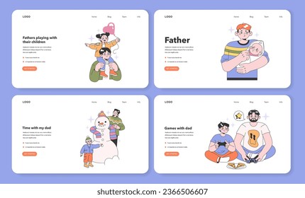 Father and children relationships web banner or landing page set. Happy family, positive parenting. Care, trust and support between parent and child. Man and kid daily life. Flat vector illustration.