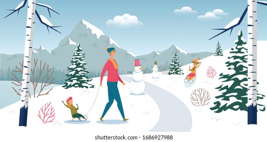 Father with Children Rest in Forest on Winter Vacation. Kid Sledding Downhill. Dad Carrying Son on Sleigh. Snowman, Snow-Covered Mountain Landscape. Fun Active Healthy Weekend. Vector Illustration