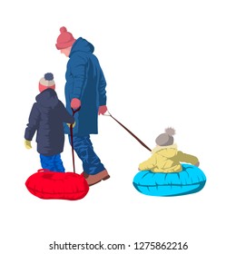 Father and children ride on inflatable tubing in the snow. Winter fun. Vector illustration