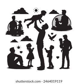father and children set silhouette vector full view white background