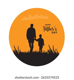 Father and Children Silhouette on Grass with Colorful Sunset Background