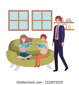 father and children sitting in couch avatar character