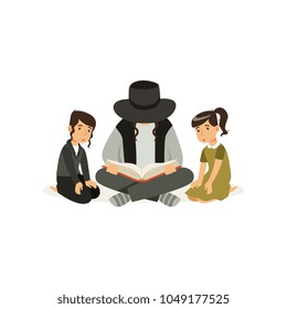 Father with children sitting on floor and reading book about religion Torah . Jewish family. Man and his little kids boy and girl . Cartoon flat vector design