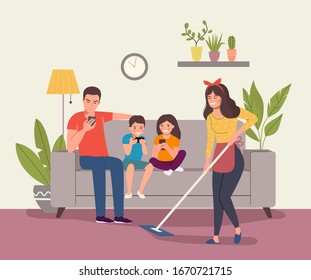 Father with children sitting on the sofa with smartphones and mother with mop . Vector flat illustration