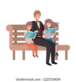 father and children sitting in park chair avatar character