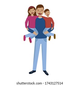 Father with children. Son and daughter with their father on white background. Father holding his children. Father's Day.