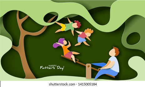 Father with children swinging on swing, kids fly high. Happy fathers day card. Paper cut style. Vector illustration