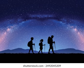 Father and children travel. Family walk with trekking poles. Milky Way