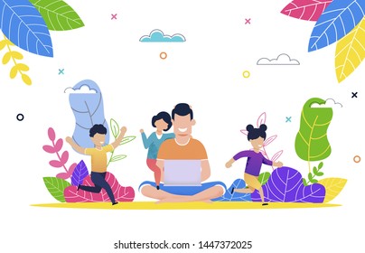 Father with Children Watching Movie Laptop in Park. Smiling Man Sitting in Lotus Position with Laptop in Hand. Freelancer Job. Brother and Sister are Running around Working Dad. Summer Days Outdoors