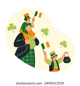 Father and children wearing green traditional Irish costume celebrating St. Patrick's day holiday. Leprechaun symbols, pot of golden coins, shamrock clover leaf and flags. Vector flat illustration