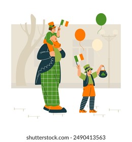 Father and children wearing green traditional Irish costume celebrating St. Patrick's day holiday on city street. Leprechaun symbols, pot of golden coins and flags. Vector flat illustration