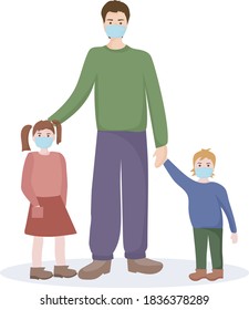 Father with children wearing medical masks. Parents take care of their children's safety. To protect against viral diseases, coronovirus, environmental and air pollution. Vector flat design.