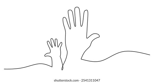 Father and Child's Hands United. Continuous One Line Drawing Depicting Family Concept in Minimalist Hand-Drawn Style.