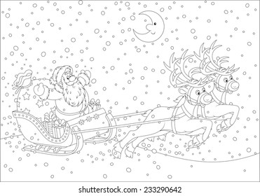 Father Christmas with a big bag of gifts flying in his sleigh