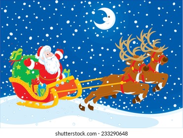 Father Christmas with a big bag of gifts flying in his sleigh