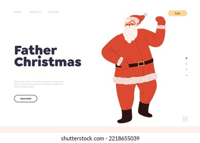 Father Christmas concept of landing page with happy dancing santa claus, cartoon xmas character in red costume with beard. Joyful santa isolated. New year celebration. Flat vector illustration
