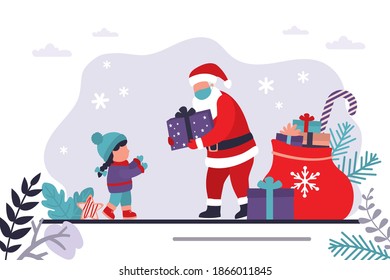 Father Christmas gives gift to child. Santa Claus in face mask delivers presents for children. Concept of prevention coronavirus and xmas celebration. Precautions during covid-19. Vector illustration