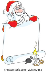 Father Christmas holding a big scroll of paper for advertisement
