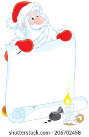 Father Christmas holding a big scroll of paper for advertisement